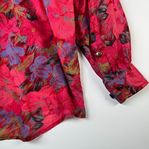 Vintage LizWear Womens Button Up Blouse Small Red Pink Floral Cotton 80s 90s - Picture 6 of 15